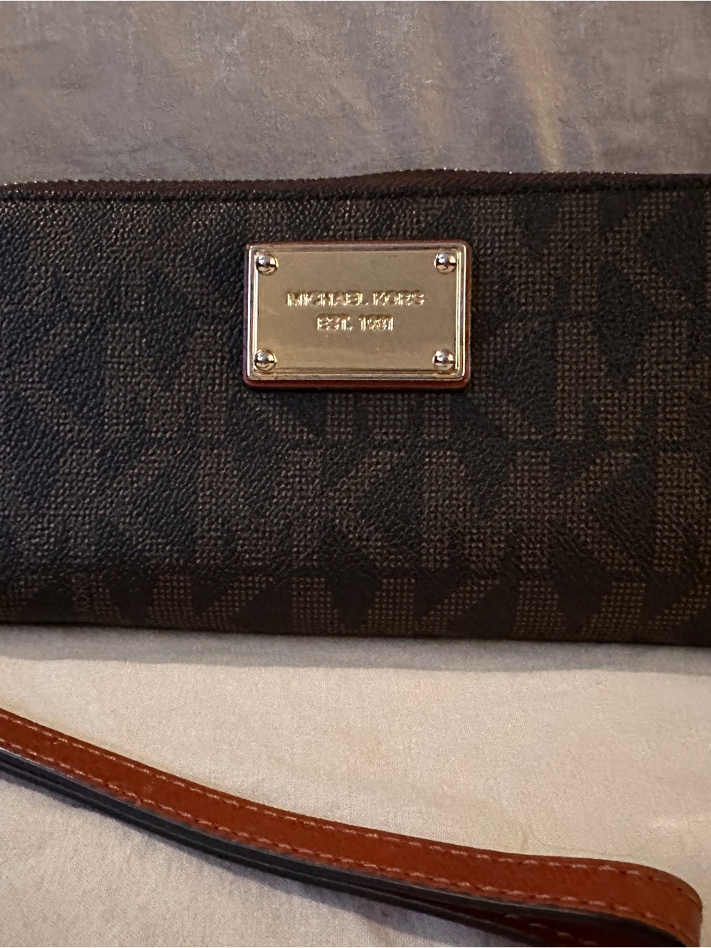 Michael Kors Dark Brown MK Logo Wristlet with Tan Strap